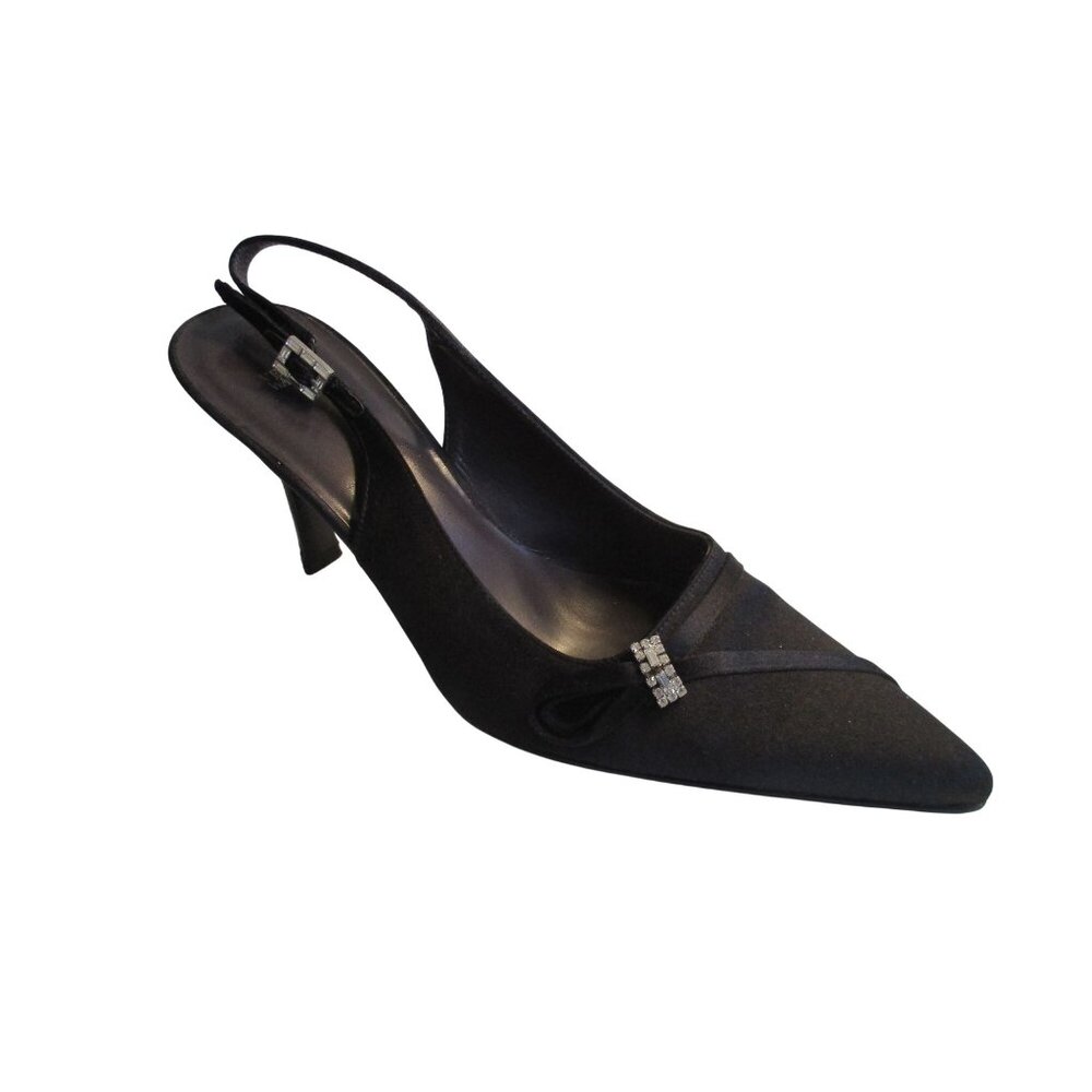 *Vera Wang Black Satin Crystal Embellishments Slingback Pumps - 7.5B